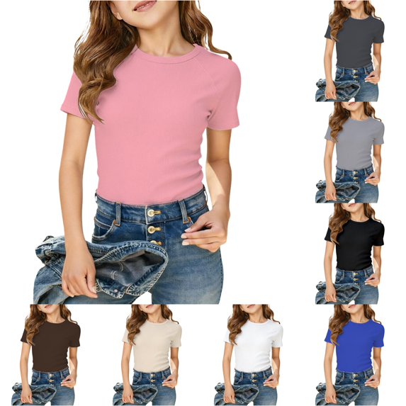 Rggeeun Baby Girls Blouse Solid Color Smooth Short Sleeve Crew Neck Elastic Relaxed Soft Slim Fit for Summer Everyday Use Fashion Tops,Pink,7-8 Years