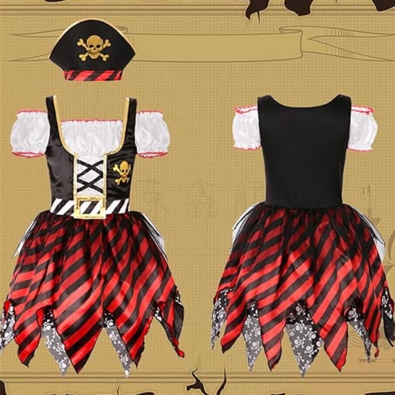Rggeeun Baby Girls Dress 3Pc Halloween Themed Colorful Striped Pattern Ruffle Hem Short Sleeve Cold Shoulder Crew Neck with Coverups Hat & Eye Patch Fall Everyday Use Soft Sundress,Red,0-3 Months