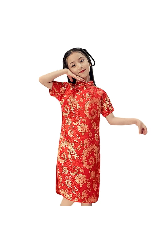 Baby Girls Dress Beautiful Floral Pattern Cheongsam Clothing Short Sleeve Collar Knee-Length For Outdoor Activities Elegant Sundress,Red,6-12 Months