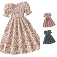 thumbnail image 1 of Rggeeun Baby Girls Dress Cute Floral Pattern A Line Short Sleeve Square Neck Front Buttons Ankle Length Wide Ruffle with Waist Shirring for Summer Travel Party Leisure Sundress,Beige,8-9 Years, 1 of 3