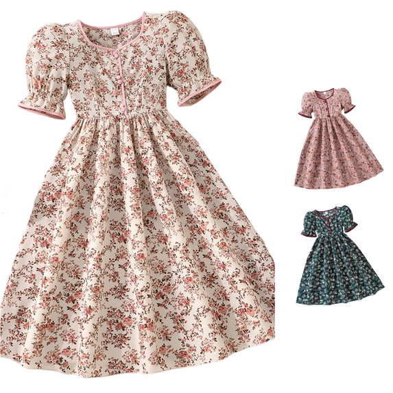 Rggeeun Baby Girls Dress Cute Floral Pattern A Line Short Sleeve Square Neck Front Buttons Ankle Length Wide Ruffle with Waist Shirring for Summer Travel Party Leisure Sundress,Beige,8-9 Years