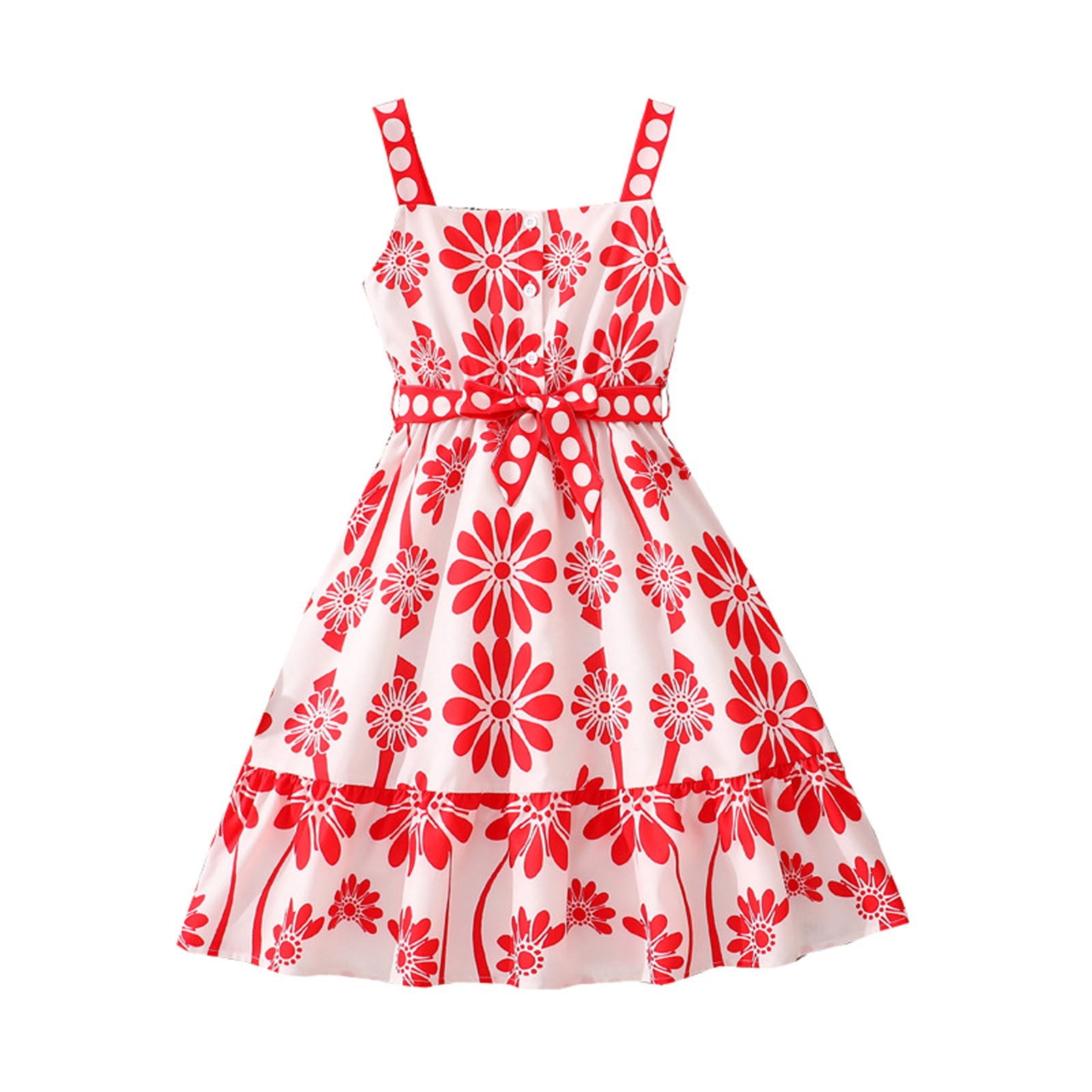 Rggeeun Baby Girls Dress Cute Floral Pattern Thin Straps Square Neck Sleeveless A Line Ankle Length with Pleated Ruffle for Summer Vacation Sweet 
