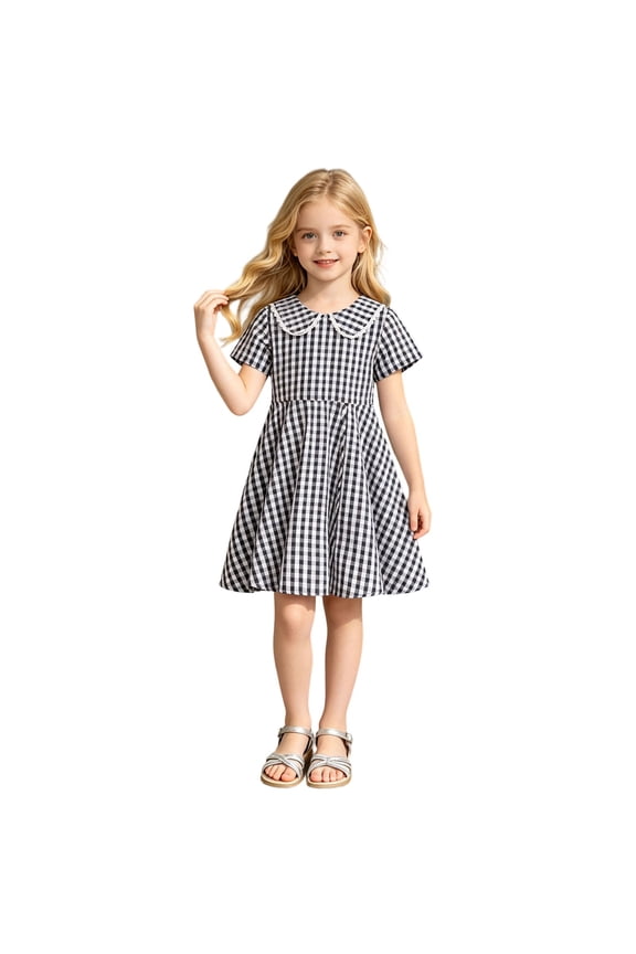 Baby Girls Dress Cute Plaid Pattern Short Sleeve Collar Elastic Waist with Ruched Ruffle Trim Knee Length for Summer Vacation Sweet Sundress,Black,5-6 Years