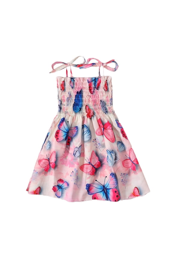 Baby Girls Dress Gradient Style Colorful Butterfly Pattern Halter With Drawstring Square Neck Smocked Frock Knee-Length With Pleated Ruffle Trim For Play Sports Fashion Playwear,Red,2-3 Years