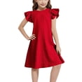 thumbnail image 1 of Rggeeun Baby Girls Dress Solid Color Smocked Fly Sleeve Crew Neck Ribbed Knee Length A Line Relaxed Fit With Pleated Ruffle For Daily Wear Delicate Sundress,Red,12-13 Years, 1 of 4