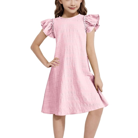 Rggeeun Baby Girls Dress Solid Color Smocked Fly Sleeve Crew Neck Ribbed Knee Length A Line Relaxed Fit With Pleated Ruffle For Party Stylish Sundress,Pink,12-13 Years