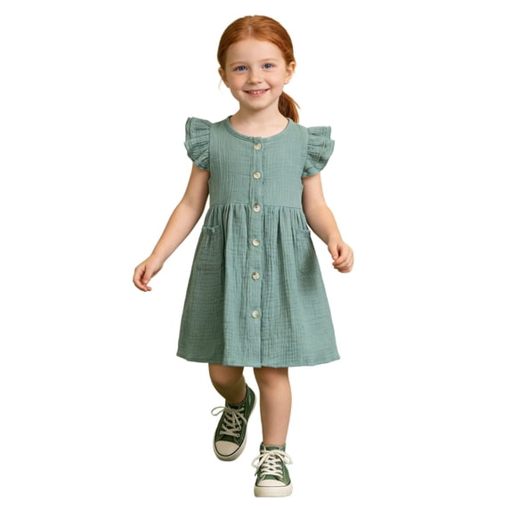 Rggeeun Baby Girls Dress Solid Color Tiered Fly Sleeve Crew Neck Knee Length Smocked Waist With Pleated Ruffle & Side Pockets For Party Stylish Sundress,Green,3-4 Years