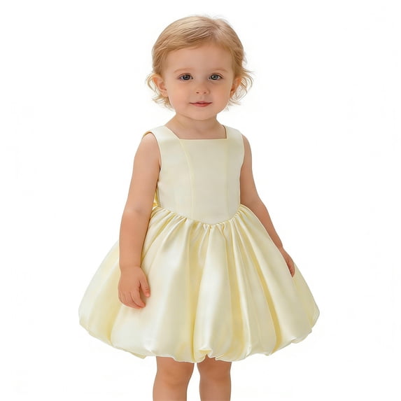 Rggeeun Baby Girls Dress Solid Color Wide Straps Knee-Length Cotton Blend With Ruched Ruffle Trim For Play Sports Preppy Playwear,Yellow,6-9 Months