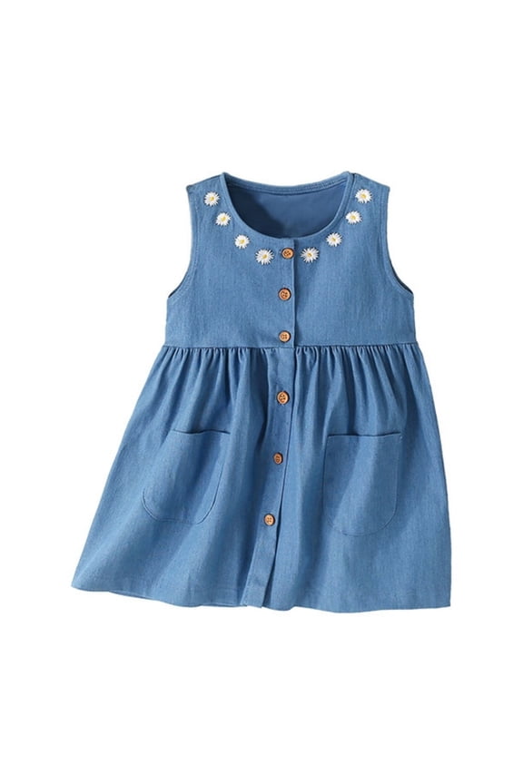 Baby Girls Dresses Solid Color Knee-Length With Side Pocket & Front Buttons Sleeveless Crew Neck With Ruffle Trim For Vacation Cozy Wear,Navy,6-7 Years