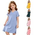 thumbnail image 1 of Rggeeun Baby Girls Dresses Solid Color Smooth Loose Short Sleeve V Neck Flowy Side Slit Design Knee Length for Summer Outdoor Picnics Cozy Playwear,Blue,6-7 Years, 1 of 4