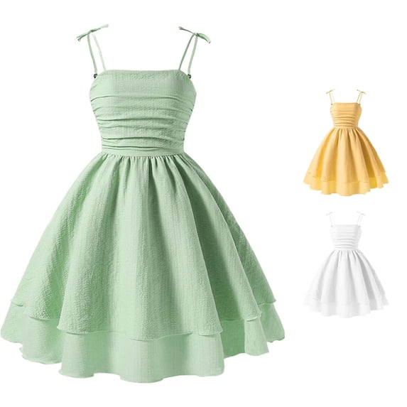 Rggeeun Baby Girls Dresses Solid Color Spaghetti Strap with Bowknot Waist Shirring Flowy Large Pleated Ruffle Ankle Length for Summer Outdoor Picnics Lovely Playwear,Green,9 Years