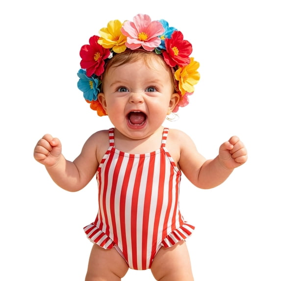 Rggeeun Baby Girls One-Piece Cute Stripes Pattern Thin Straps Square Neck U-Back Elastic with Ruffle for Summer Holiday Beach Comfort Swim Wear,Red,9-12 Months