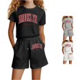 thumbnail image 1 of Rggeeun Baby Girls Outfit Sets Letter Print Short Sleeve Crew Neck Top & Wide Leg with Side Pockets and Adjustable Tie Shorts for Summer Theme Park Visit Lovely Tracksuit,Black,7-8 Years, 1 of 5