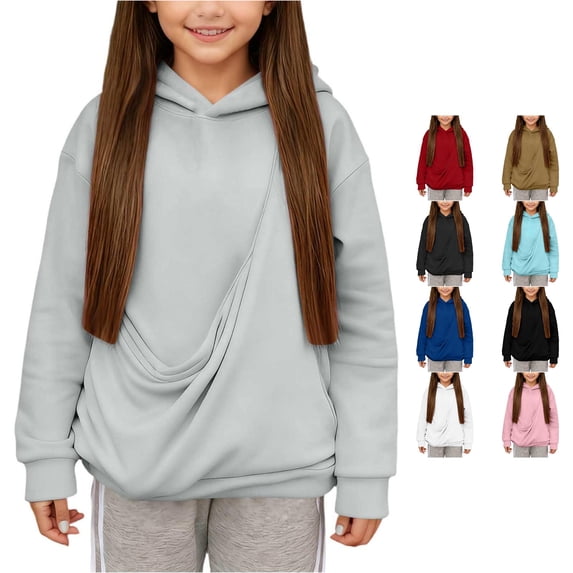 Rggeeun Baby Girls Pullover Solid Color Hoodie Long Sleeve Hooded Loose Soft Lightweight Smooth Relaxed Fit for Fall Playground Stylish Tops,Gray,13-14 Years