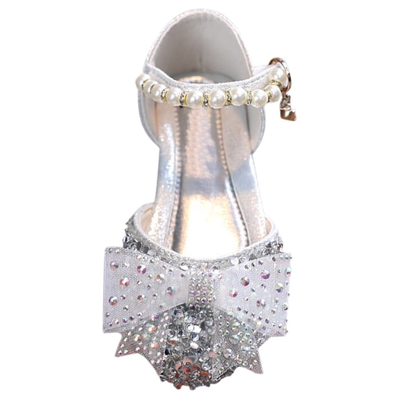Rggeeun Baby Girls Sandals Gradient Style Bead Adjustable Ankle Strap Open-Toe Narrow Glitter Sequin & Rhinestone Trim Wedge Mid Heel For Everyday Wear Versatile Shoes,Silver,9-9.5 Years