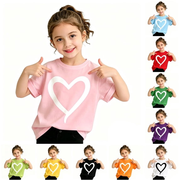 Rggeeun Baby Girls Shirts Cute Heart Pattern Short Sleeve Crew Neck Knit Soft Lightweight Relaxed Fit for Summer Travel Party Leisure Tops,Pink,9-10 Years
