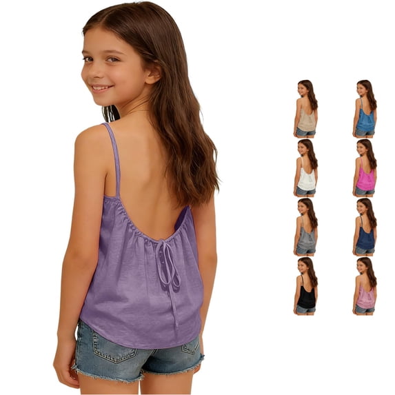 Rggeeun Baby Girls Shirts Solid Color Sleeveless Spaghetti Strap Camisole Flowy Loose Backless for Summer Outdoor Play Leisure Tops,Purple,10-11 Years
