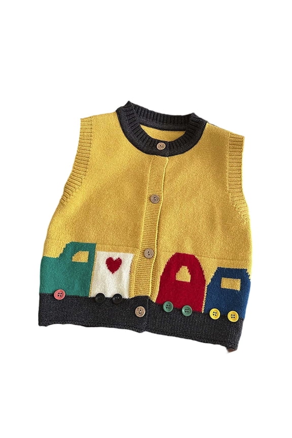 Baby Girls Sweaters Cute Cartoon Print Knitted Cardigan Sleeveless Vest Winter Autumn Crew Neck With Buttons Trendy Pullover,Yellow,7-8 Years