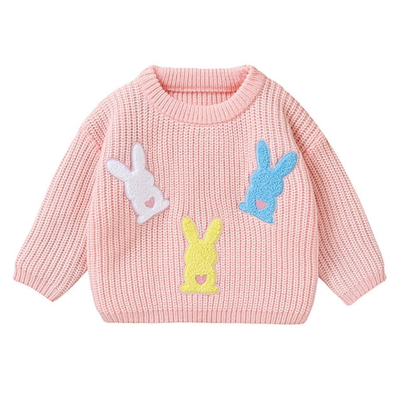 Rggeeun Baby Girls Sweaters Easter Multicolor Bunny Embroidered Knit Crew Neck Three Quarter Sleeve Cartoon Cute Wear For Kids Soft Spring And Fall Sweet Tops,Pink,6-9 Months