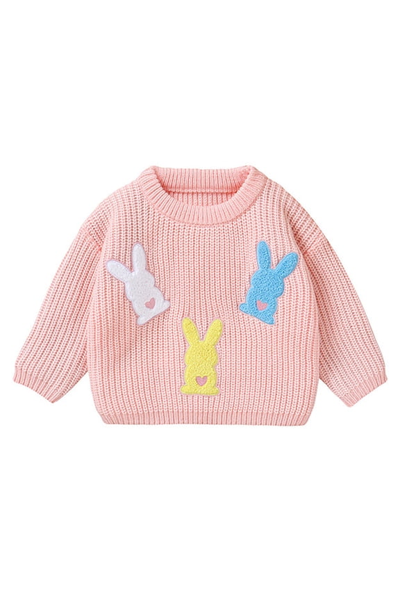 Baby Girls Sweaters Easter Multicolor Bunny Embroidered Knit Crew Neck Three Quarter Sleeve Cartoon Cute Wear For Kids Soft Spring And Fall Sweet Tops,Pink,2-3 Years