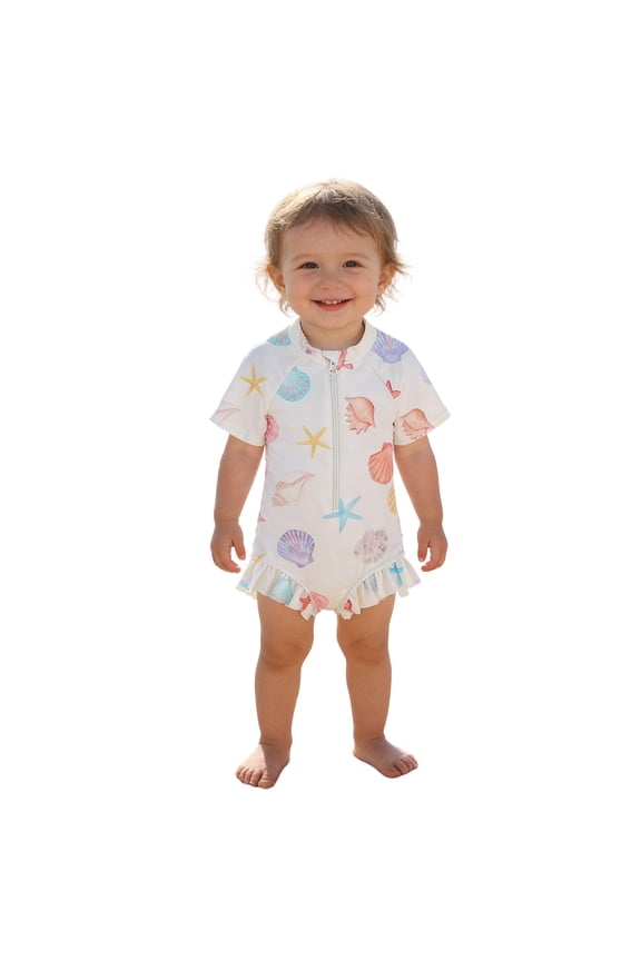 Baby Girls Swim Wear Cute Seashell Print One-Piece Short Sleeve Crew Neck Keyhole Zipper Knit Slim Fit Elastic With Ruffle Trim Bottom For Lap Swimming Cute Bathing Suit,White,12-18 Months