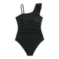 thumbnail image 1 of Rggeeun Baby Girls Swimwear Solid Color One-Piece One Shoulder With Ruffle Trim Thin Straps Square Neck U-Back Elastic For Pool Training Lovely Swimsuit,Black,14-15 Years, 1 of 6