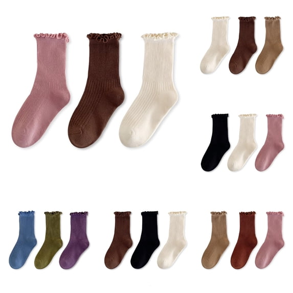 Rggeeun Baby Socks Crew Socks Lightweight Ribbed Ruffle Socks Soft Stretch Cotton Socks Boys Girls Fall 3 Pairs of Socks Training Relaxed,Pink,6-8 Years