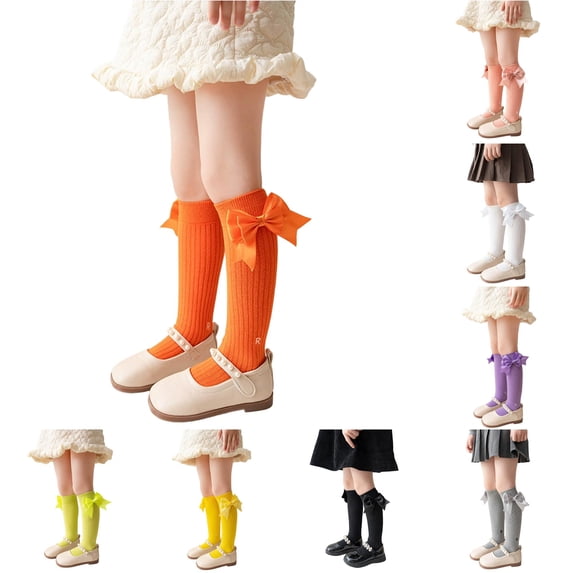 Rggeeun Baby Socks Ribbed Knee High Socks with Bow Boys Girls Cozy Cotton Socks Fall Winter Everyday Use Relaxed,Orange,One Size