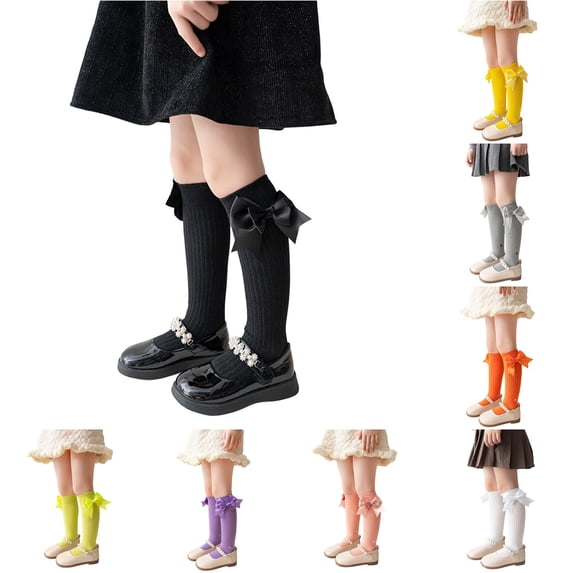 Rggeeun Baby Socks Ribbed Knee High Socks with Bow Boys Girls Cozy Cotton Socks Fall Winter Holidays Classic,Black,One Size