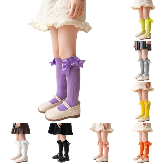 Rggeeun Baby Socks Ribbed Knee High Socks with Bow Boys Girls Cozy Cotton Socks Fall Winter Outdoor Play Simple,Purple,One Size