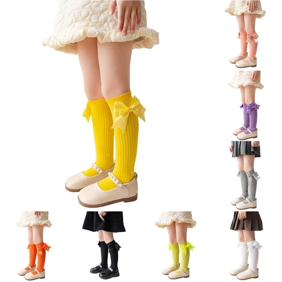 Rggeeun Baby Socks Ribbed Knee High Socks with Bow Boys Girls Cozy Cotton Socks Fall Winter Play Sports Fashion,Yellow,One Size