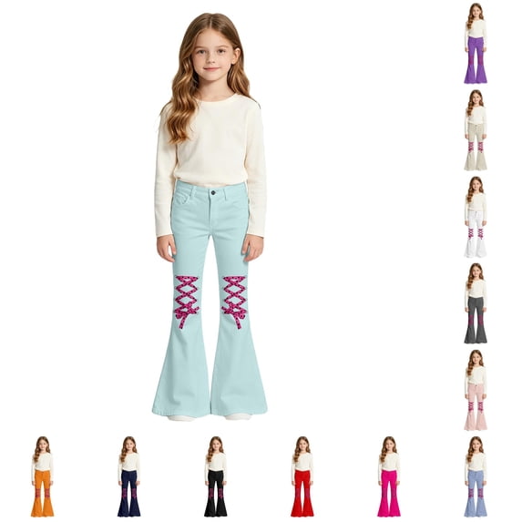 Rggeeun Back To School Child Girl's Pants Stretch Cute Colorful Bowknot Pattern Mid Waist Twill Trousers Ankle Length Kids Fashion Bootcut For Leisure Trousers,Green,11-12 Years