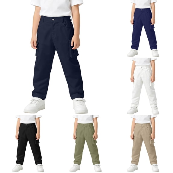 Rggeeun Boy Child Pants Ankle Length Cargo Multiple Pocket Detail Elastic Waist Straight Leg Classic Fit Soft Lightweight Summer Fall School Activities Cool Trousers,Blue,15-16 Years