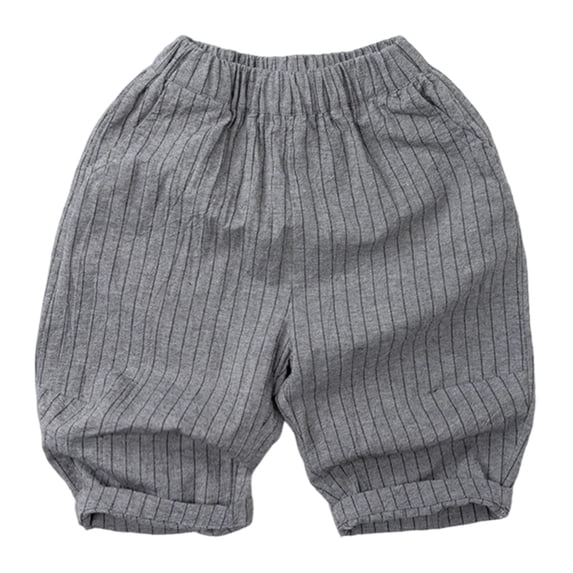Rggeeun Boy Child Pants Cute Striped Pattern Elastic Waist Turn-Up Hem Loose Fit Wide Leg Knee Length Breathable For Summer School Activities Relaxed Trousers,Gray,3-4 Years