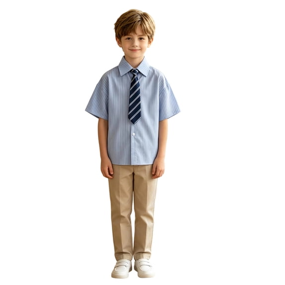 Rggeeun Boys Back to School Striped Button Down Shirt and Shorts 2-Piece Outfit Set, Blue, 4-5 Years