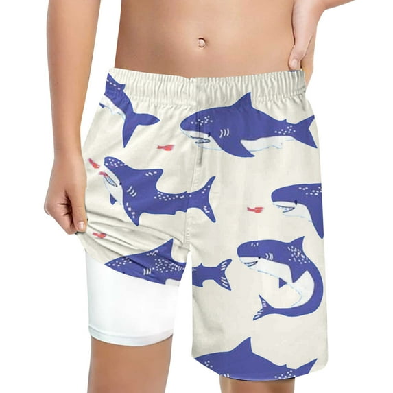 Rggeeun Boys Bathing Shorts Elastic Waist Cute Cartoon Shark Printed Swimwear Bottoms Soft And Breathable For Youth Summer Beach Pool And Seasides Suit,Beige,10-12 Years