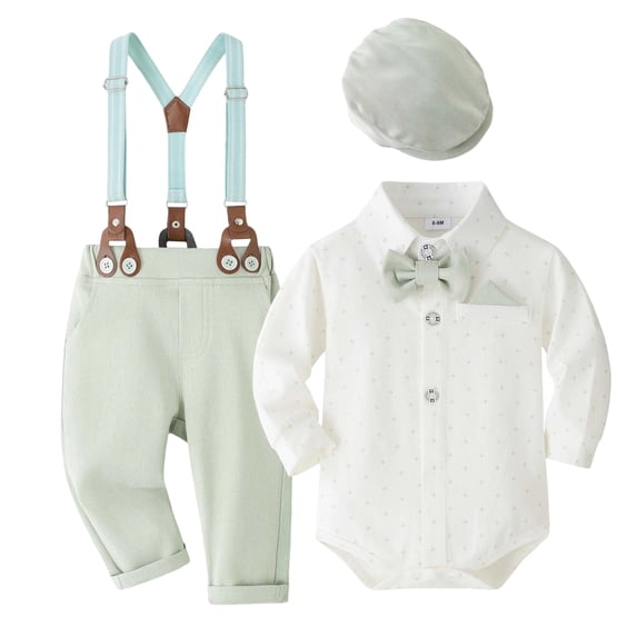 Rggeeun Boys Child Set Gentleman Formal Long Sleeve Collar Shirts With Hat And Suspenders For Birthday Party Stylish Outfit,Light Green,9-12 Months