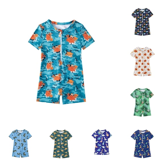 Rggeeun Boys Child Swimsuit Set 1Pc Cartoon Dinosaur Pattern Short Sleeve Crew Neck Front Zipper for Summer Beach Surf Classic Swim Wear,Green,0-3 Months