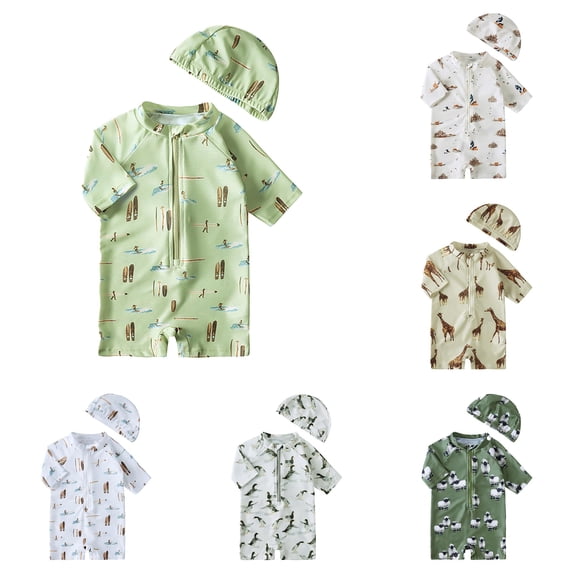 Rggeeun Boys Child Swimsuit Set 2Pc Cartoon Print Short Sleeve Crew Neck Above Knee Front Zipper Slim Fit Elastic with Cover Up Hat for Summer Beach Surf Trendy Beachwear,Green,12-24 Months