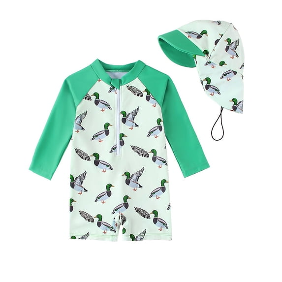 Rggeeun Boys Child Swimsuit Set 2Pc Color Block Design Cartoon Animal Pattern Front Zipper Elastic with Cover Up Hat for Summer Beach Lounging Casual Beachwear,Green,3-6 Months