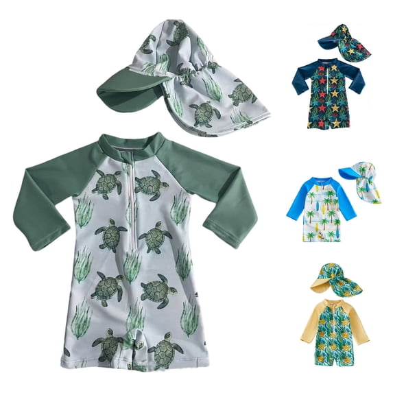 Rggeeun Boys Child Swimsuit Set 2Pc Cute Animal Print Long Sleeve Crew Neck Elastic Above Knee with Cover Up Hat for Summer Beach Surf Stretchy Swim Wear,Green,12-24 Months