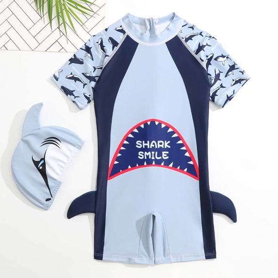 Rggeeun Boys Child Swimsuit Set 2Pc Cute Cartoon Animal Pattern Short Sleeve Crew Neck Elastic Above Knee with Cover Up Hat for Summer Beach Surf Graceful Beachwear,Gray,3-4 Years