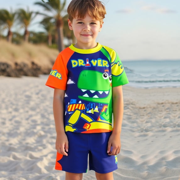 Rggeeun Boys Child Swimsuit Set 2Pc Cute Dinosaur & Cartoon Truck Pattern Short Sleeve Crew Neck Top & Elastic Waist Wide Leg Swim Trunks for Summer Pool Training Cozy Swimwear,Green,5-6 Years