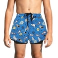 thumbnail image 1 of Rggeeun Boys Child Swimsuit Set Cartoon Rocket Pattern with Adjustable Tie Side Slit Elastic Waist Wide Leg Double Layer Swim Trunks for Summer Beach Lounging Stretchy Swim Wear,Blue,9-10 Years, 1 of 6