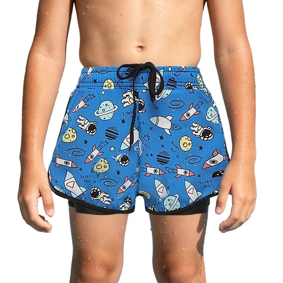 Rggeeun Boys Child Swimsuit Set Cartoon Rocket Pattern with Adjustable Tie Side Slit Elastic Waist Wide Leg Double Layer Swim Trunks for Summer Beach Lounging Stretchy Swim Wear,Blue,9-10 Years