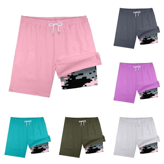Rggeeun Boys Child Swimsuit Set Color Block Elastic Waist with Adjustable Tie Double Layer Trunks Wide Leg for Summer Vacation Beach Lightweight Swimwear,Pink,9-10 Years