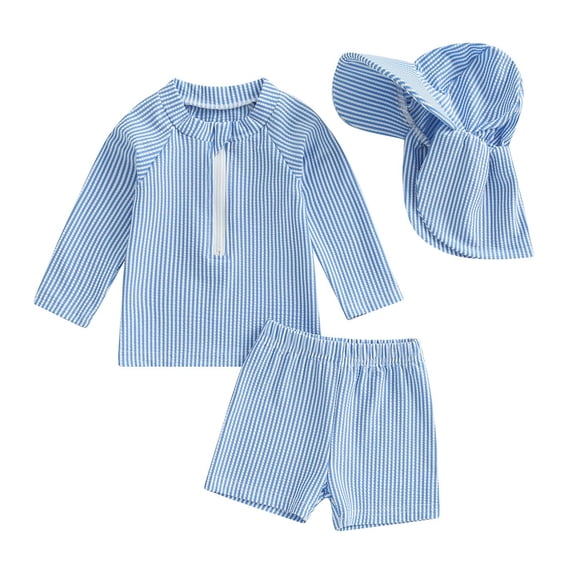 Rggeeun Boys Child Swimsuit Set Cute Striped Pattern 2Pc Long Sleeve Crew Neck Front Zipper Above Knee with Cover Up Hat for Summer Vacation Beach Casual Beachwear,Blue,12-18 Months