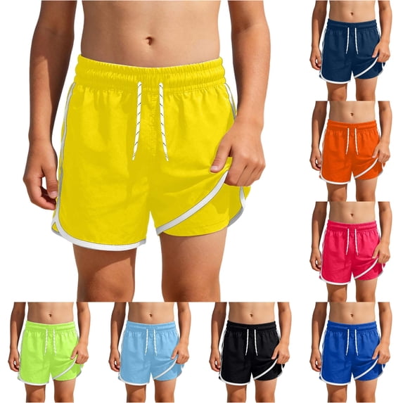 Rggeeun Boys Child Swimsuit Set Solid Color Elastic High Waist with Adjustable Tie Double Layer Trunks Loose Fit for Summer Beach Lounging Lightweight Swimwear,Yellow,11-12 Years