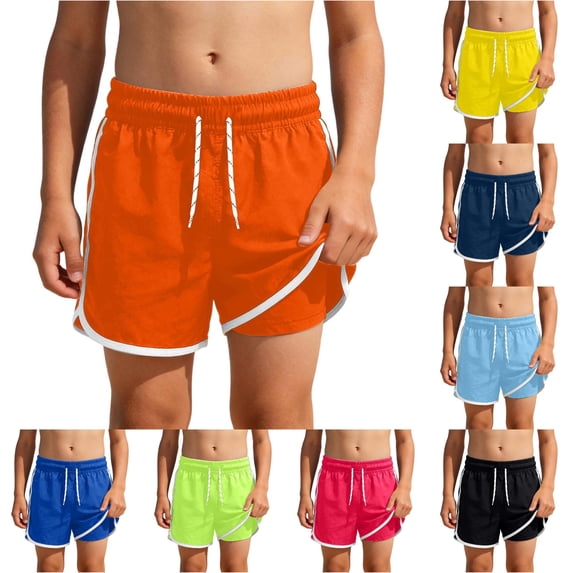 Rggeeun Boys Child Swimsuit Set Solid Color Elastic High Waist with Adjustable Tie Double Layer Trunks Loose Fit for Summer Beach Surf Fashion Swimwear,Orange,11-12 Years