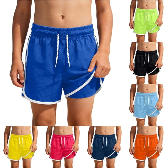 Rggeeun Boys Child Swimsuit Set Solid Color Elastic High Waist with Adjustable Tie Double Layer Trunks Loose Fit for Summer Pool Training Lightweight Swimwear,Blue,11-12 Years